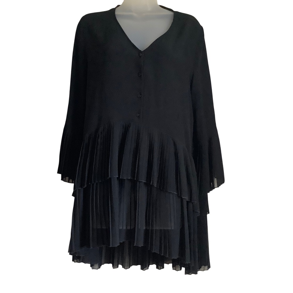 Zara Womens Black Tiered Pleated Mini Dress V-Neck Long Sleeve Size Large